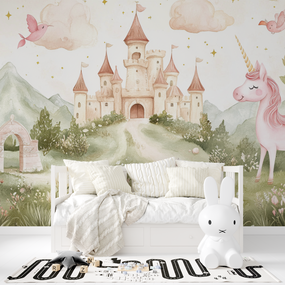 Papier peint decoration licorne...t chateau tapisserie fille