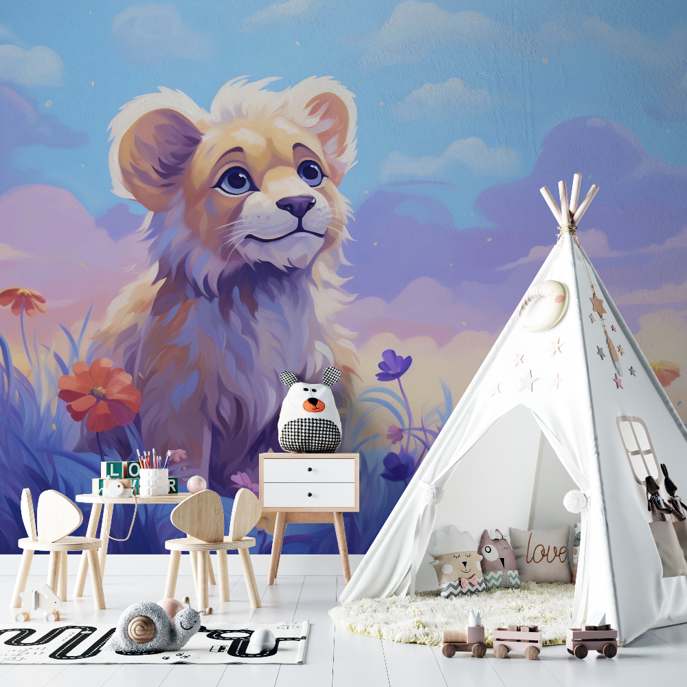 Papier peint lion et nuages pastel chambre bebe