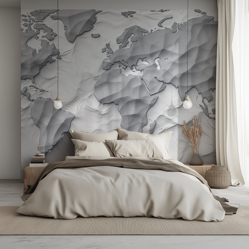 Papier peint carte du monde gris lit 1234