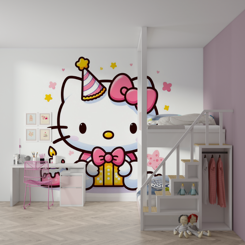 Papier peint hello kitty illustration mur chambre fille