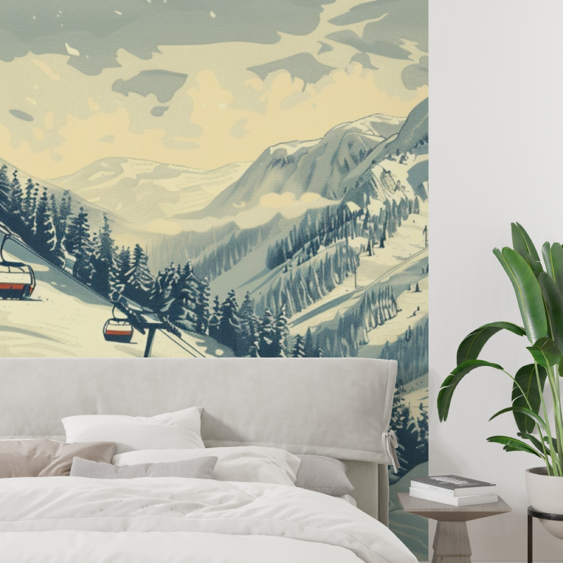 Papier peint telecabine skieurs colores tapisserie tendance