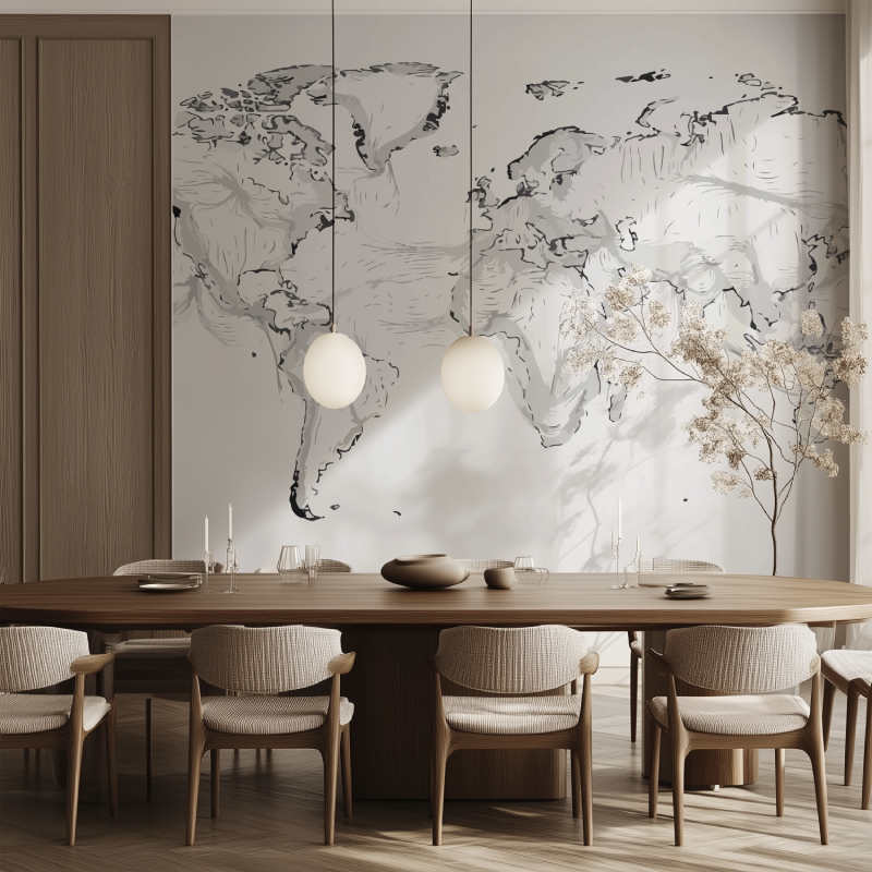 Papier peint carte du monde dessin salle manger tendance