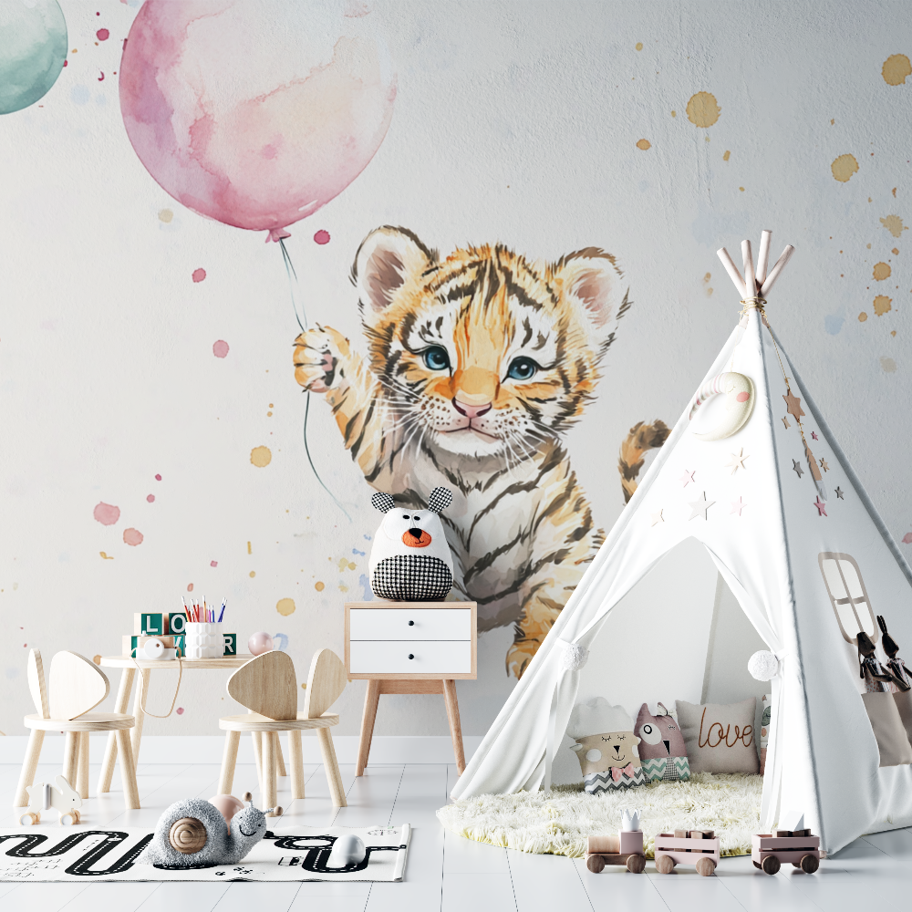 Papier peint tigre ballon chambre bebe