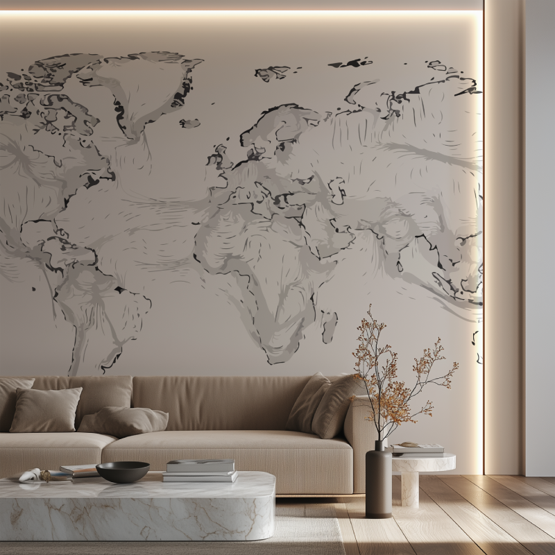 Papier peint carte du monde dessin canape neon