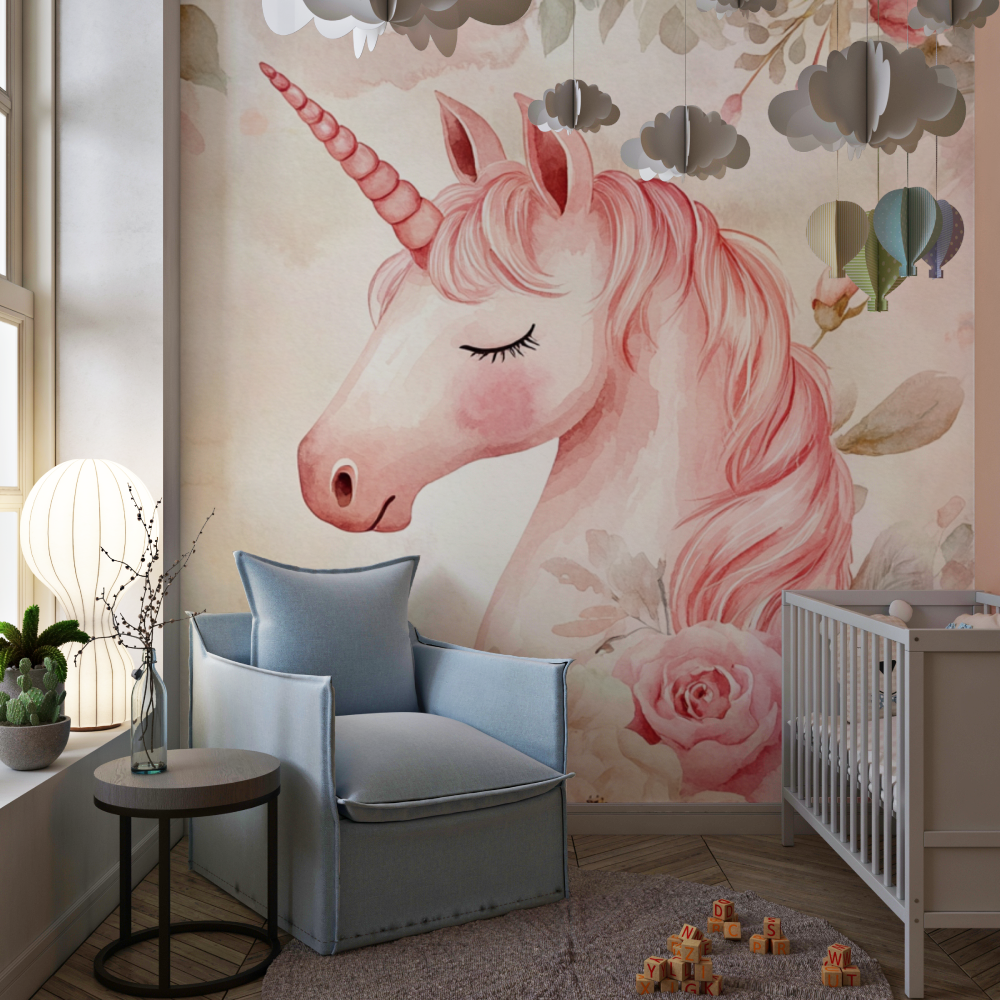 Papier peint licorne rose fleurs roses chambre de fille