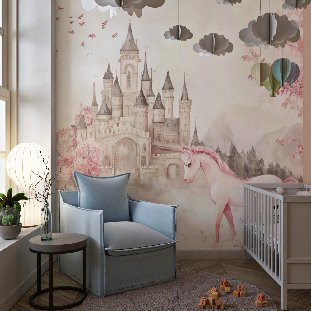 Papier peint princesse chateau et licorne chambre de fille