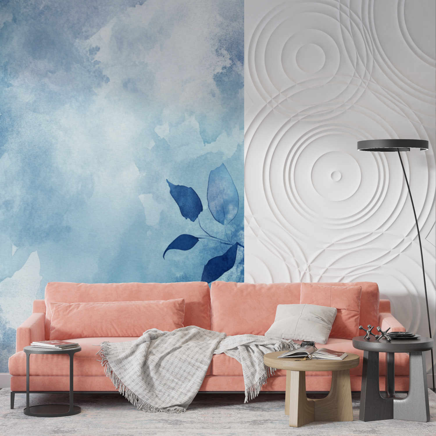 Papier peint aquarelle feuilles abstraites bleues mur