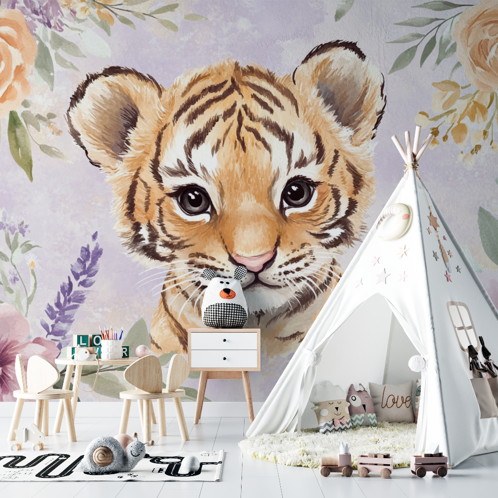 Papier peint tigre et couronne de fleurs chambre bebe