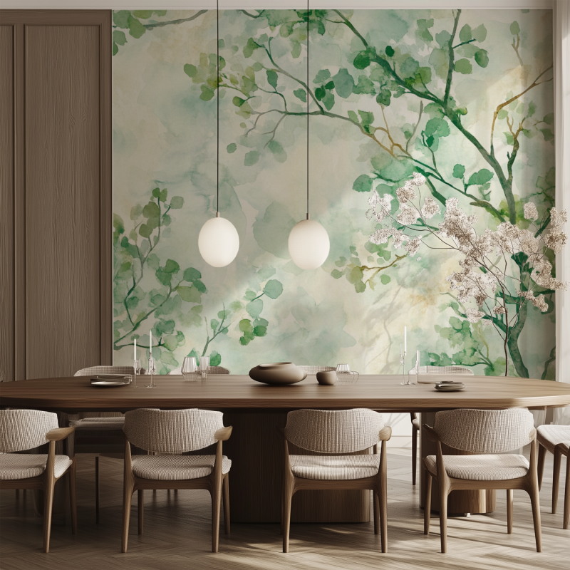 Papier peint arbre feuillu salle manger tendance