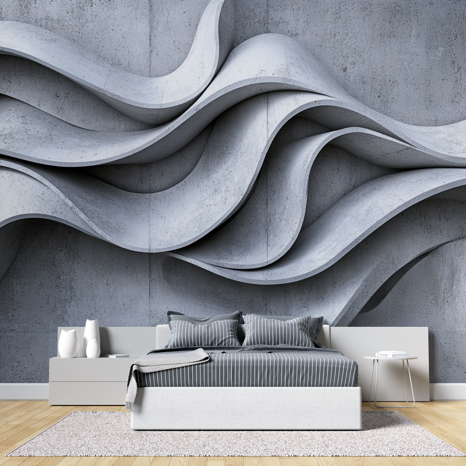 Papier peint 3d gris trompe l oeil moulures tete de lit