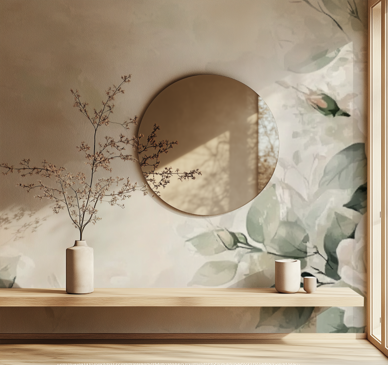 Papier peint fleur blanc et rose miroir