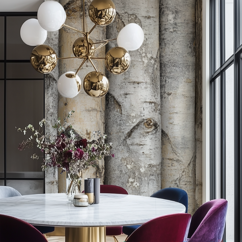 Papier peint arbre bois salon chaise