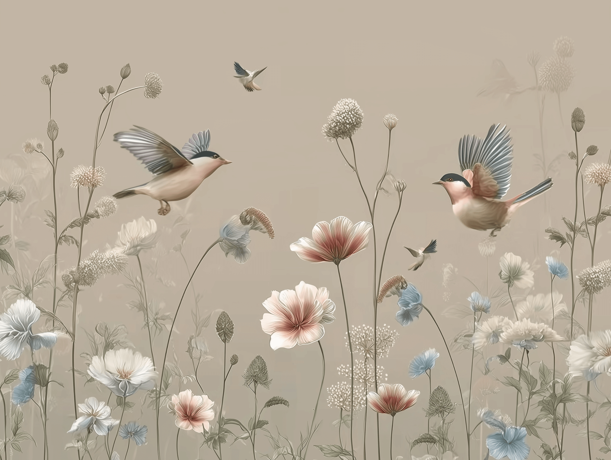 Vintage Brown Beige Birds Mural Wallpaper