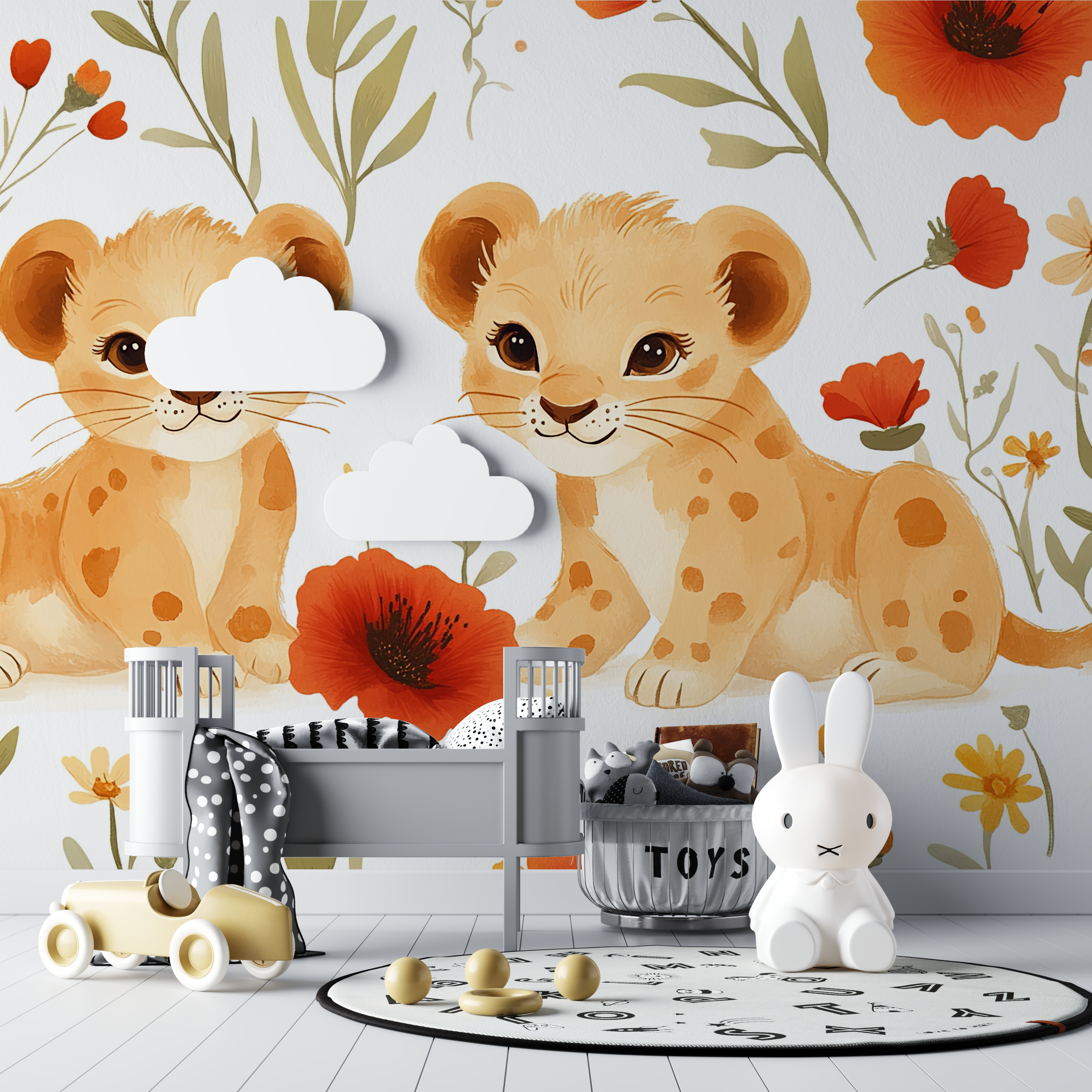 Papier peint lion et ambiance vintage bebe tipi