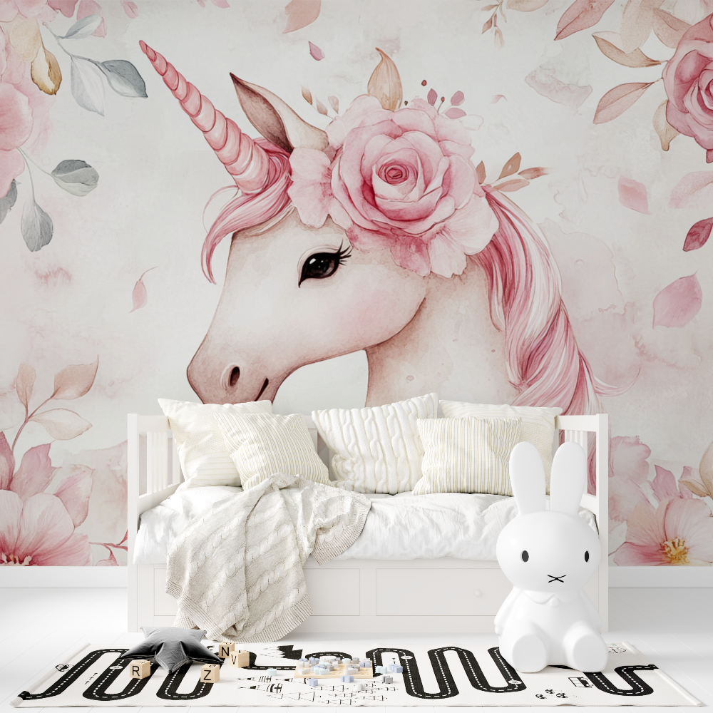 Papier peint theme licorne roya...leur rose tapisserie fille