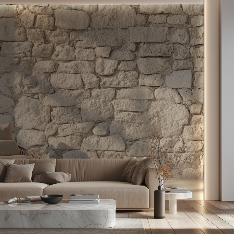 Papier peint pierre trompe l oeil canape neon