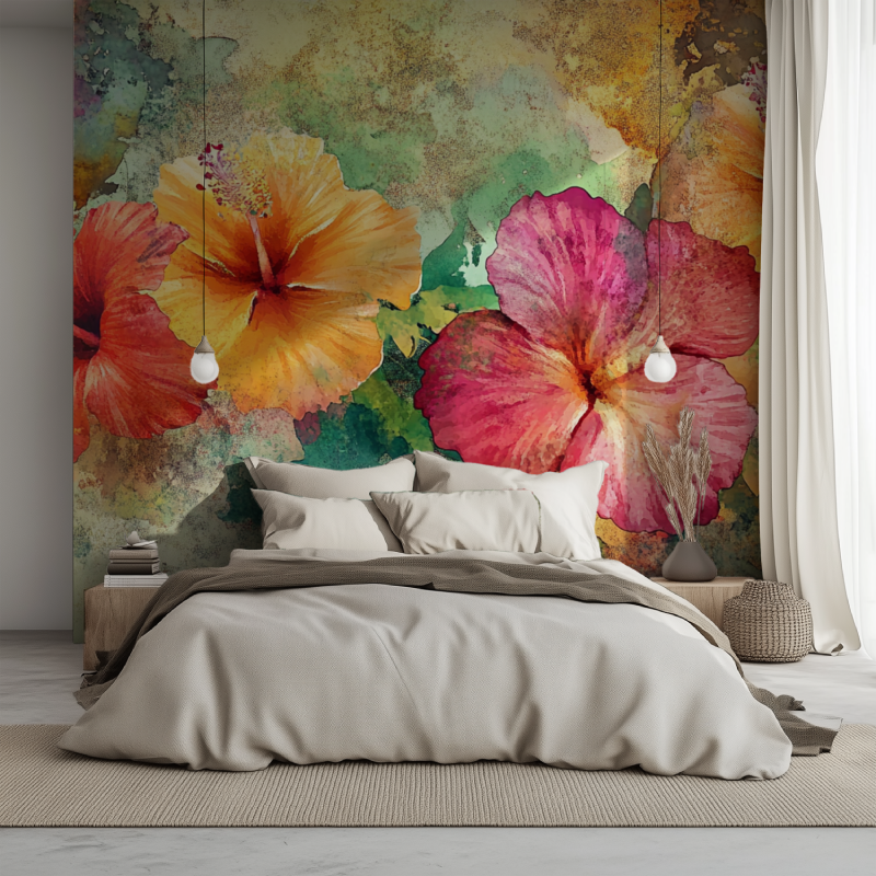 Papier peint fleur exotique lit 1234