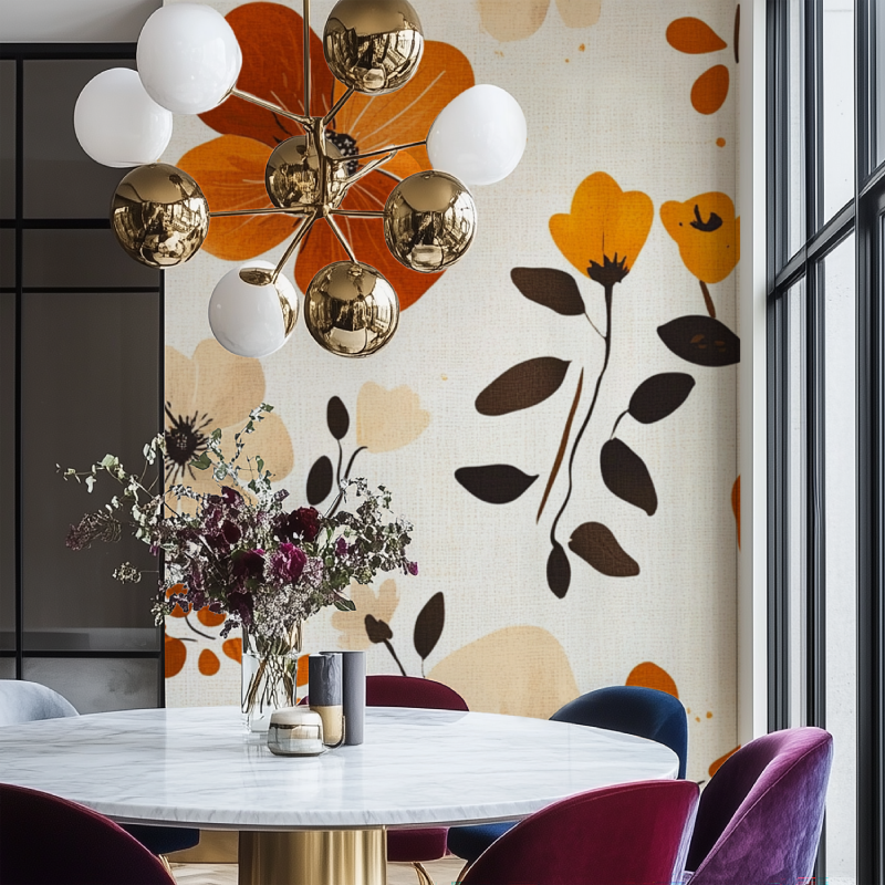 Papier peint vintage orange salon chaise