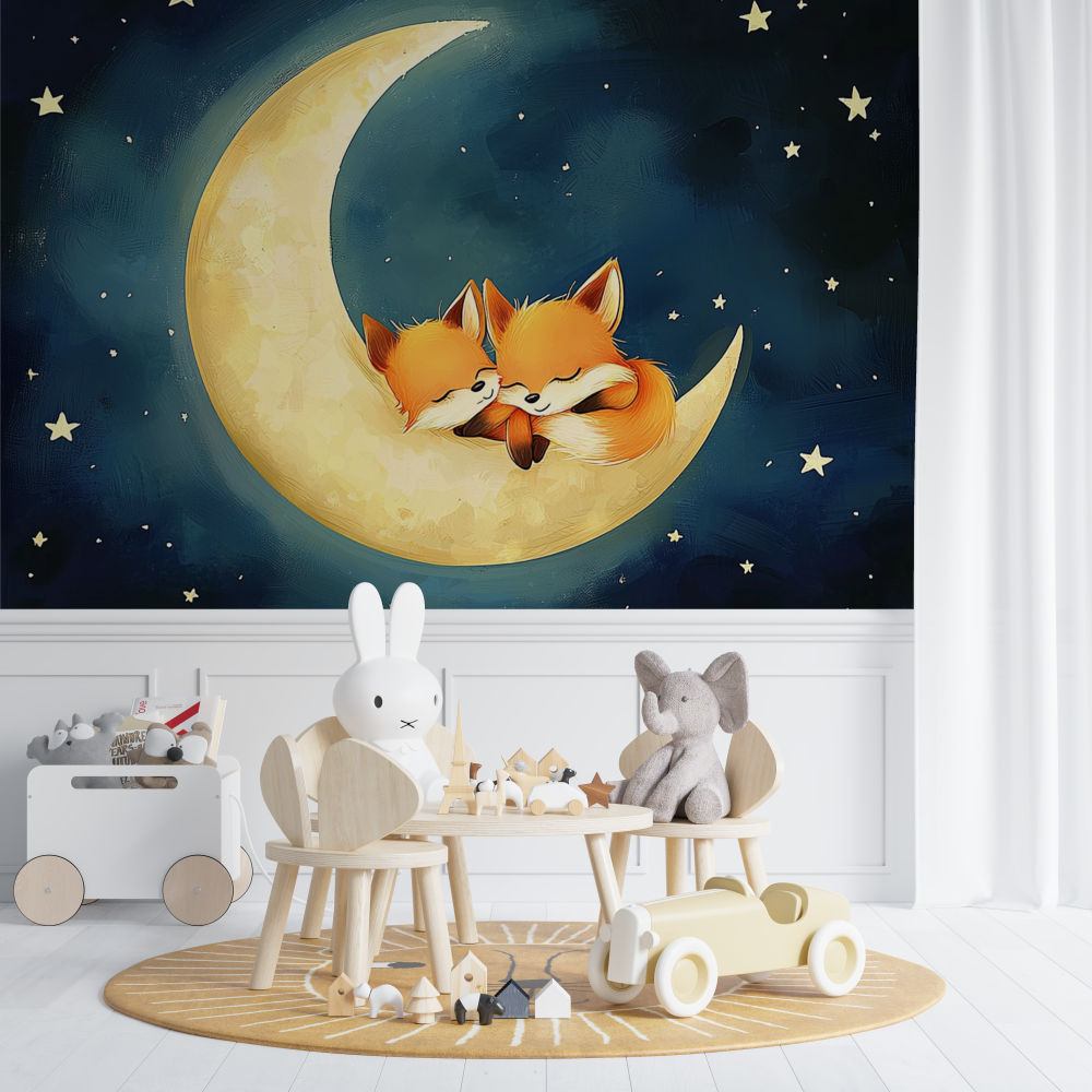 Papier peint renard endormi bleu fonce chambre de bebe