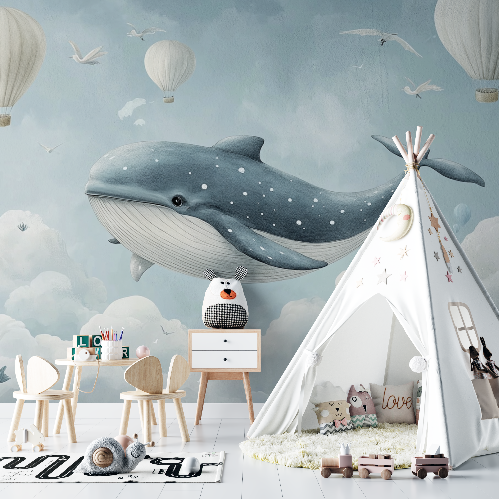 Papier peint marin baleine grise nuage chambre bebe