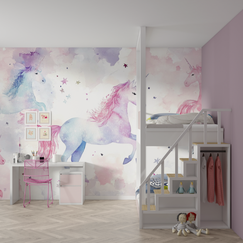 Papier peint motifs licornes chambre bebes mur chambre fille