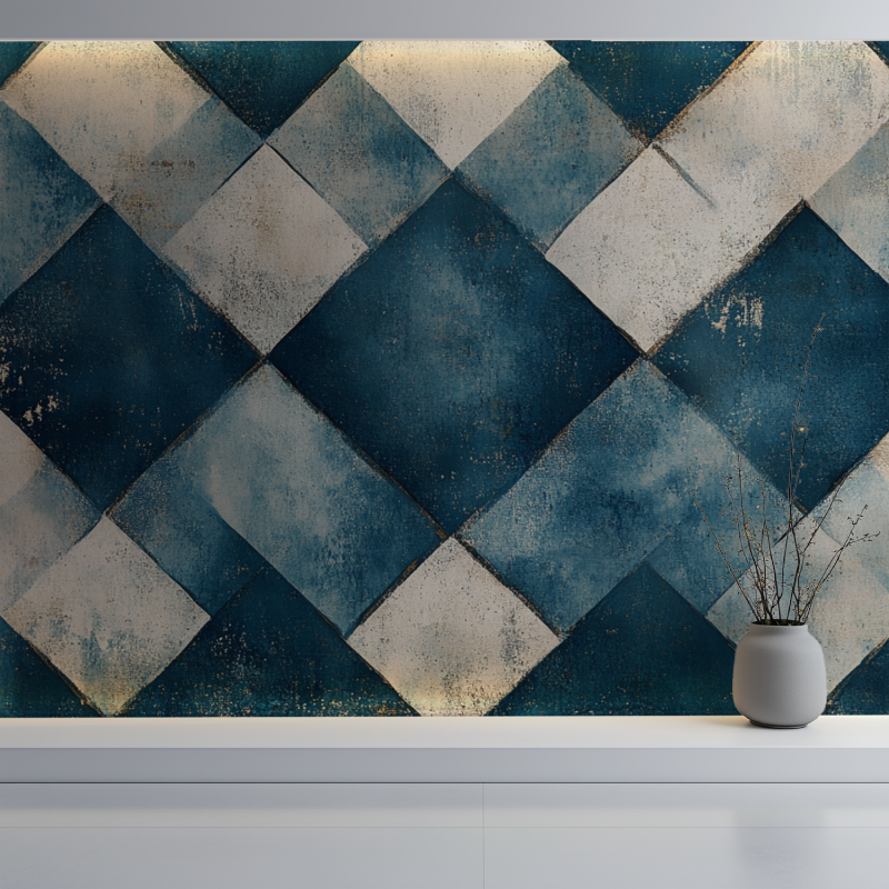 Papier peint vintage losange bleu mur blanc