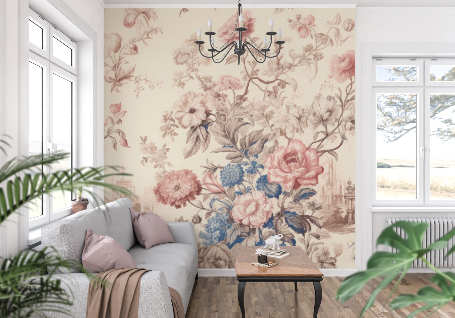 Papier Peint Toile De Jouy Bleu Rose - trompe l'oeil