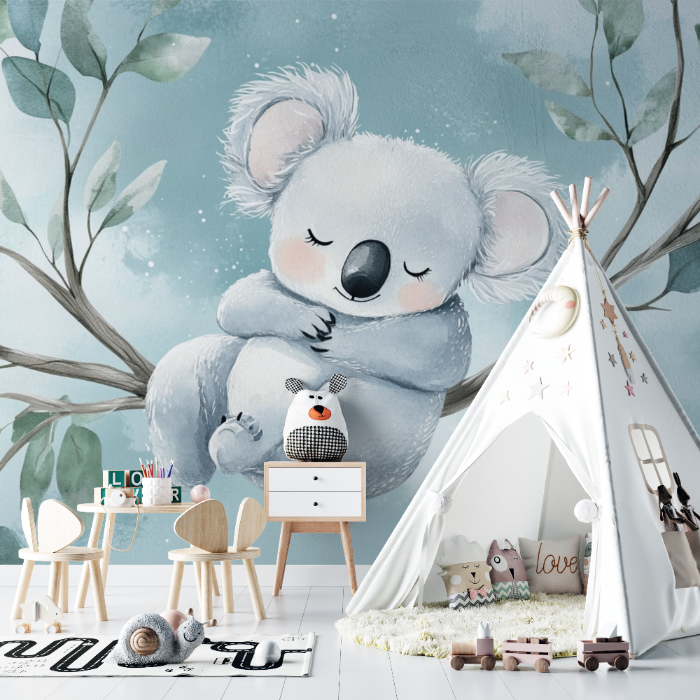 Papier peint koala qui fait dodo chambre bebe