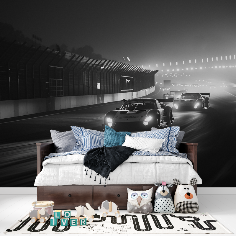 Papier peint voiture de course ...t blanc panoramique garcon