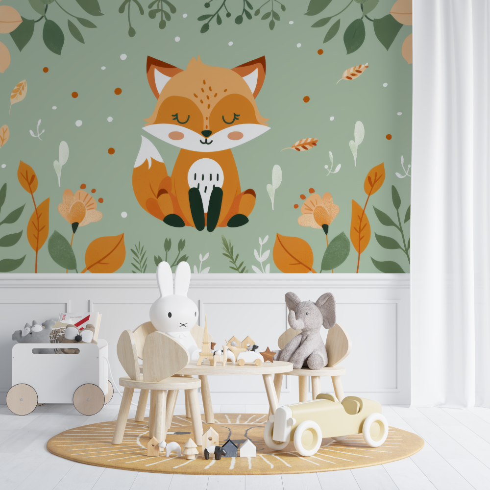 Papier peint renard et feuillage tropical chambre de bebe