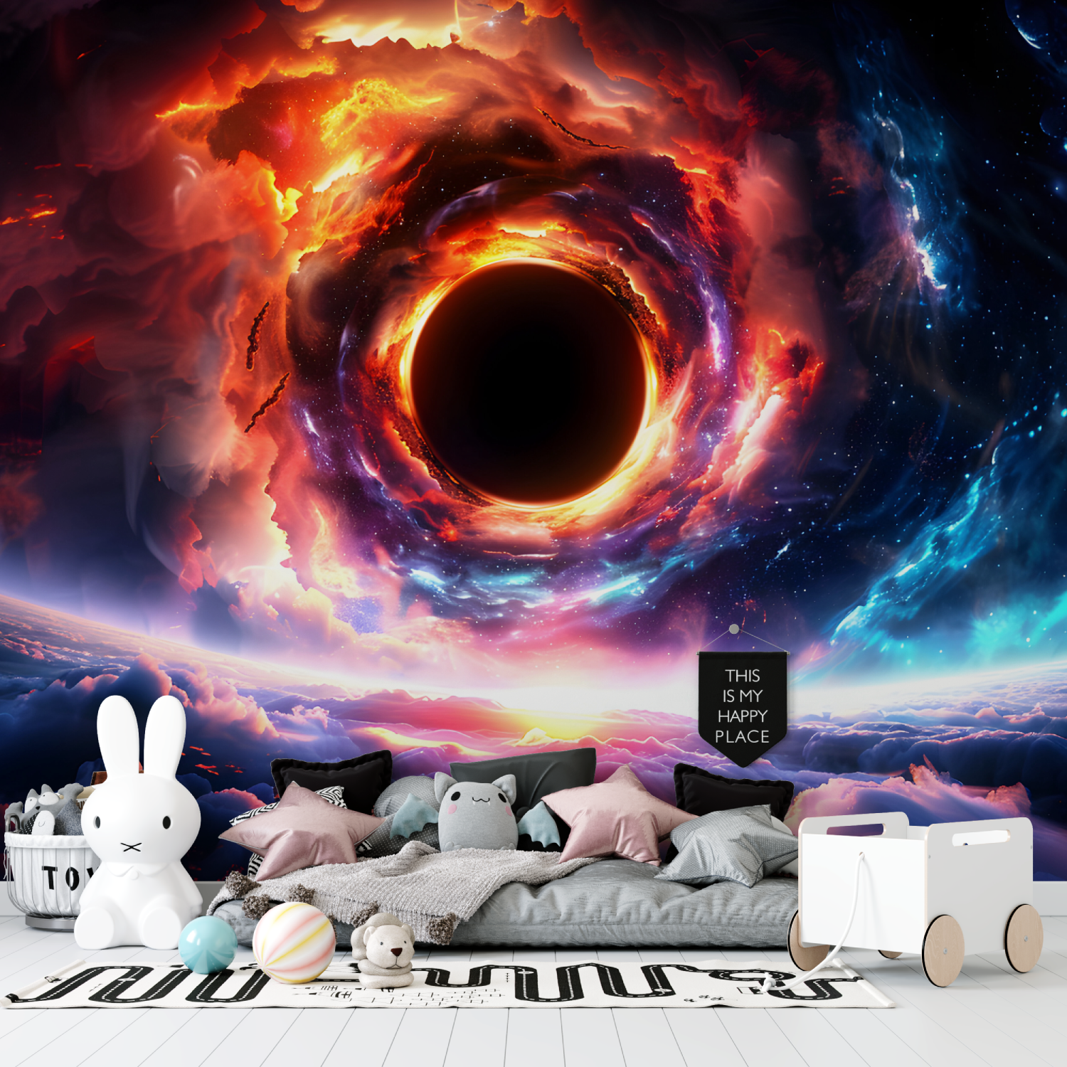 Papier peint espace trou noir en feu tapisserie garcon