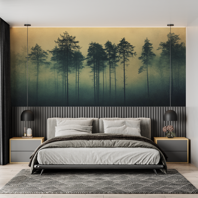 Papier peint aquarelle foret en...ppee de brume mural adulte