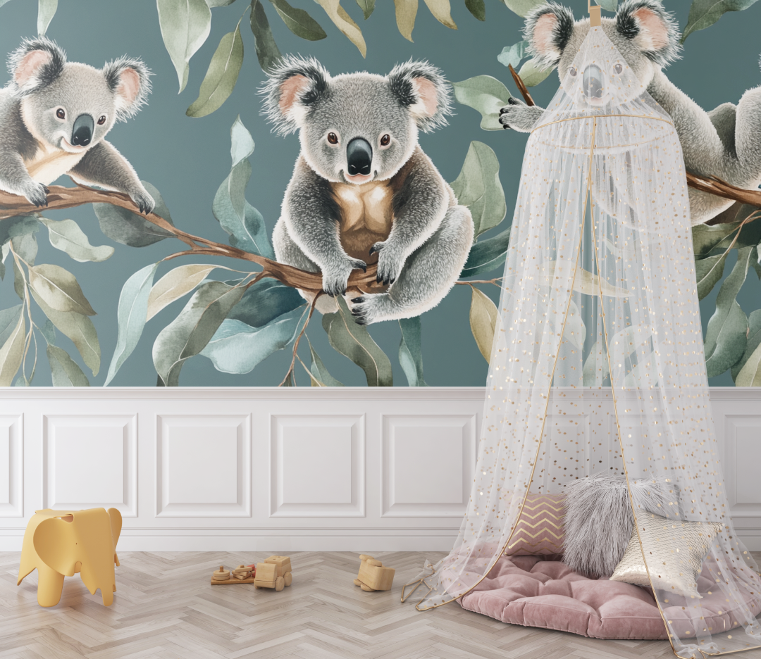 Papier peint koala et feuilles en apesanteur bebe