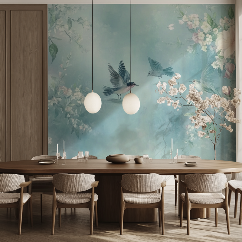 Papier peint fleur et oiseau salle manger tendance