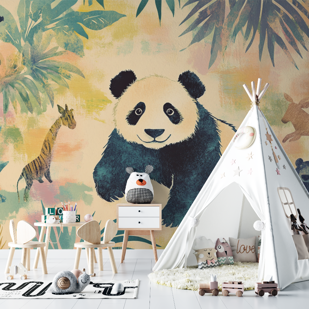 Papier peint panda et animaux de la jungle chambre bebe