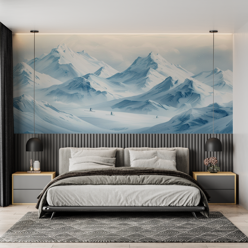 Papier peint montagne skieurs bleu mural adulte