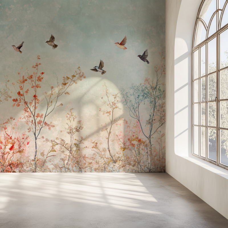 Papier peint arbre et oiseaux mur simple