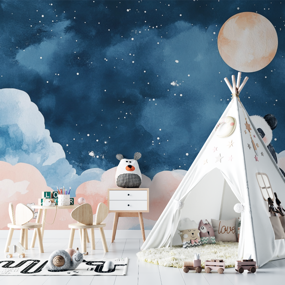 Papier peint panda et lune chambre bebe