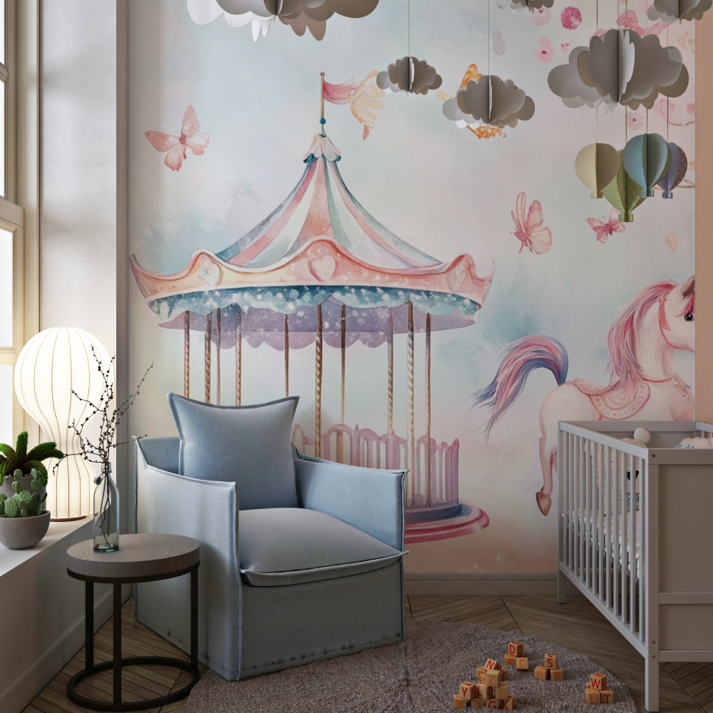 Papier peint licorne 4 murs fete carrousel chambre de fille