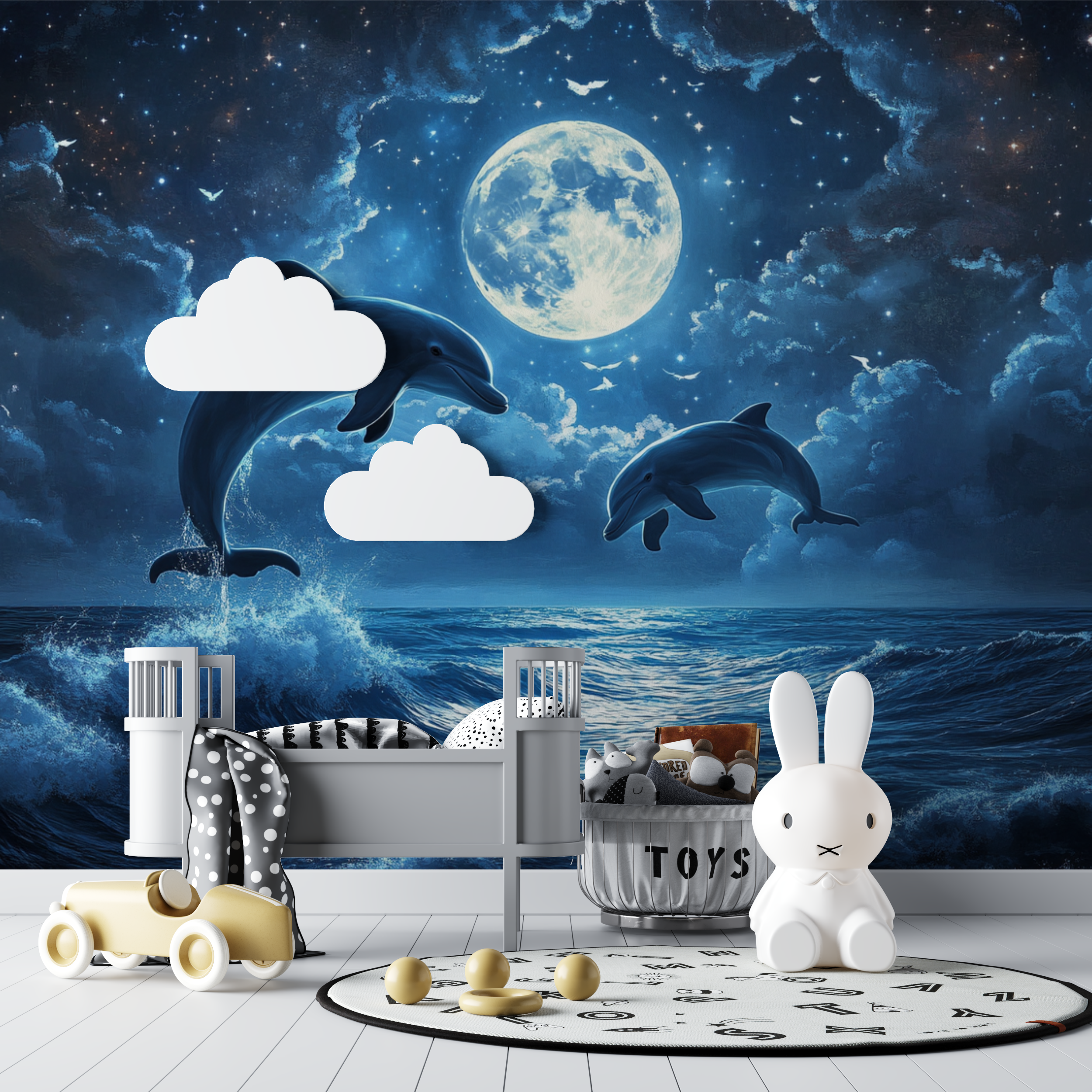 Papier peint marin dauphins et lune brillante bebe tipi