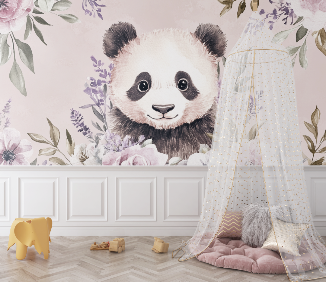 Papier peint panda et couronne de fleurs bebe