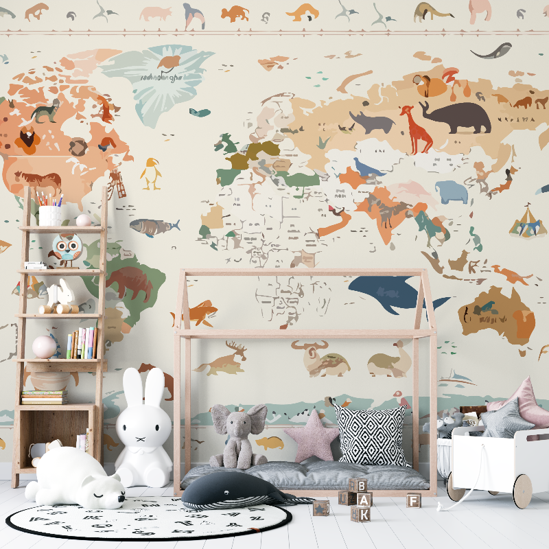 Papier peint carte du monde animaux chambre enfant 12