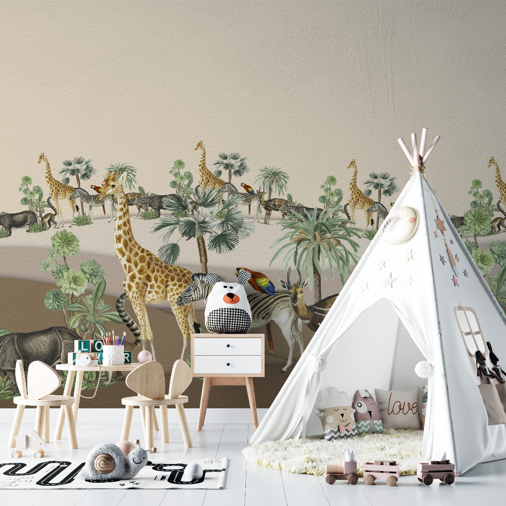 Papier peint lion et animaux safari chambre bebe