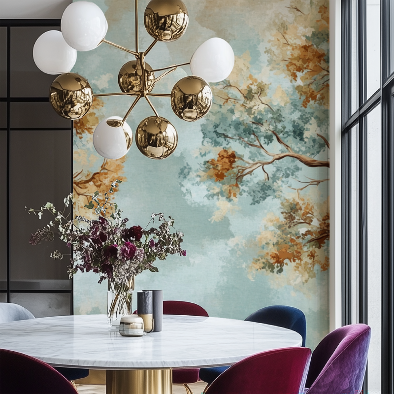 Papier peint arbre entier salon chaise