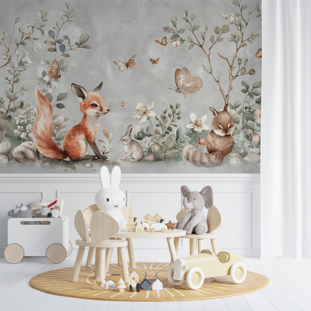 Papier peint renard et fleurs sauvages chambre de bebe