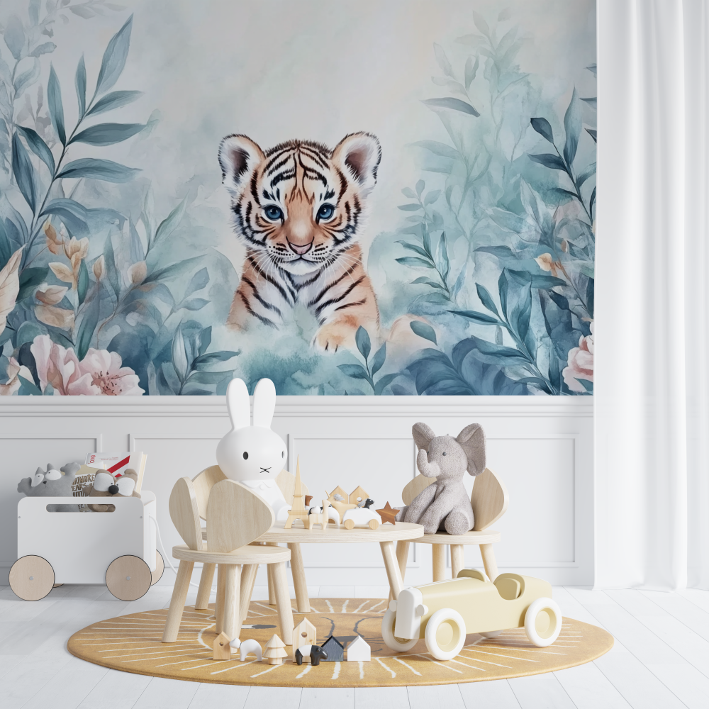 Papier peint tigre et foret enchantee chambre de bebe