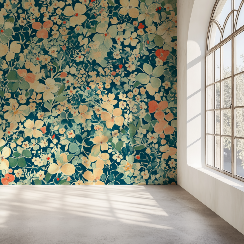 Papier peint vintage fleurs mur simple