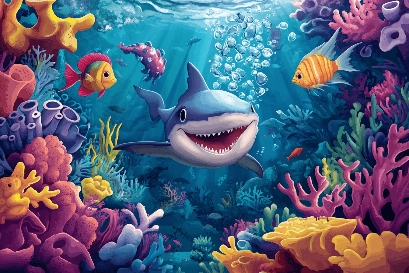 Papier Peint Marin Poulpe Rouge et Requin