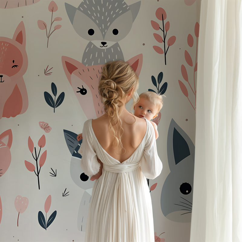 Papier peint bebe renards motifs rose bb123