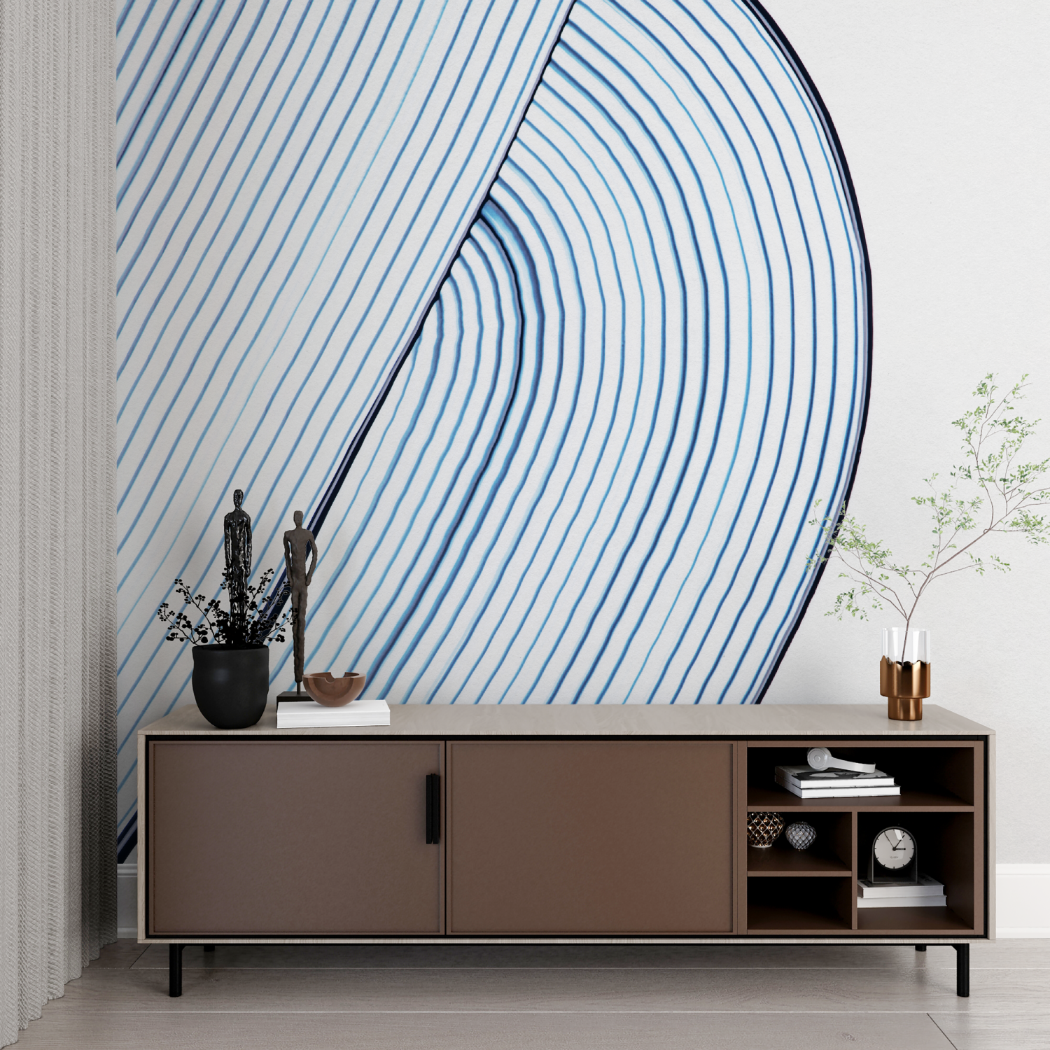 Papier peint aquarelle lignes bleu imprime